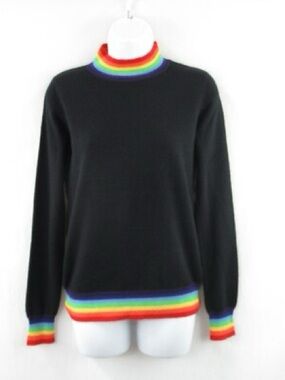 NEW MADELEINE THOMPSON Black Cashmere Sweater with Rainbow Trim